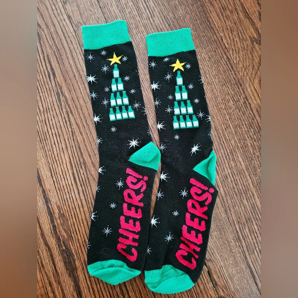 Festive Black and Green with Christmas Tree Beer Design Christmas Socks